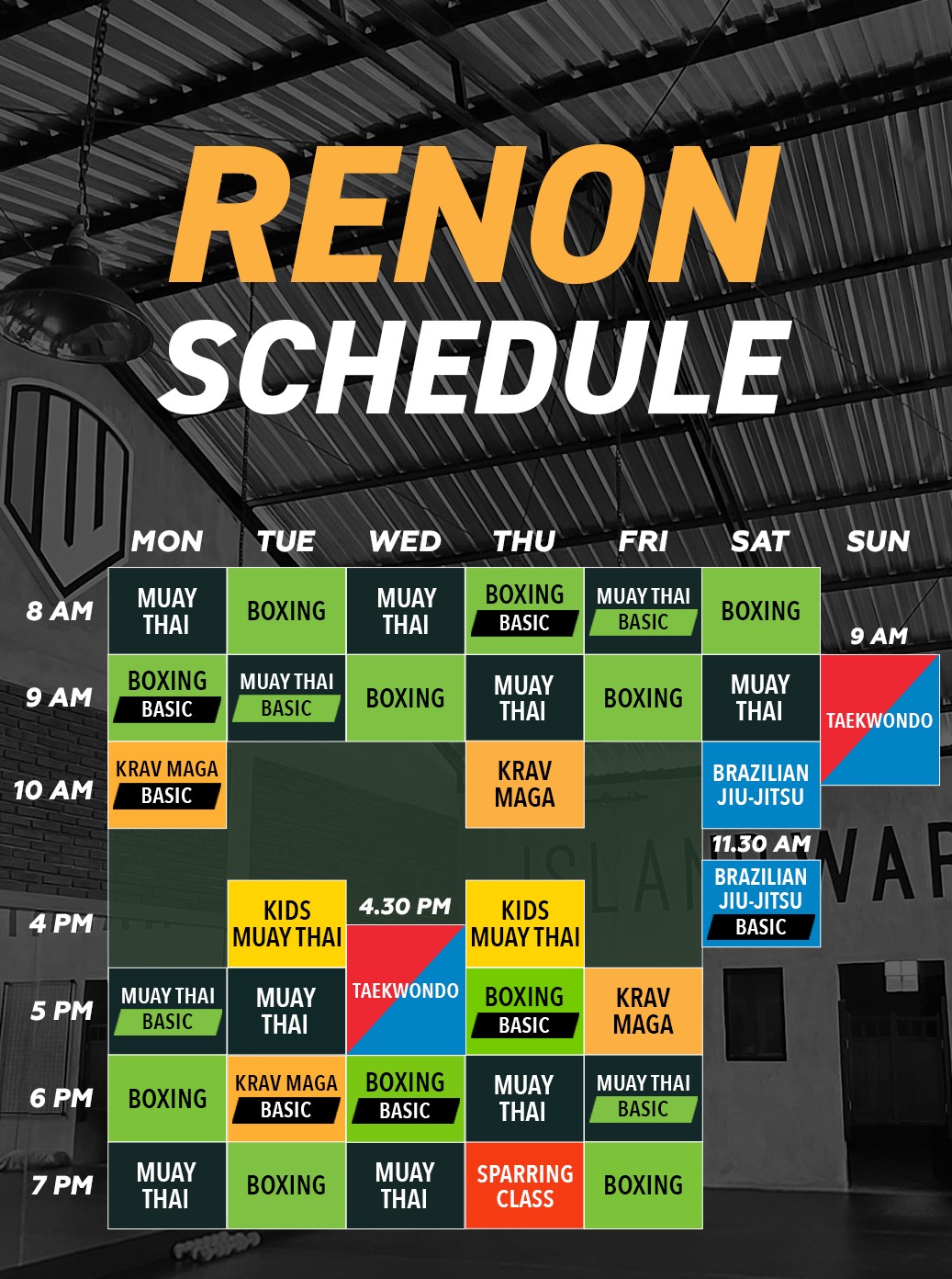 Renon camp weekly class schedule grid, Monday to Sunday, 8 AM to 7 PM