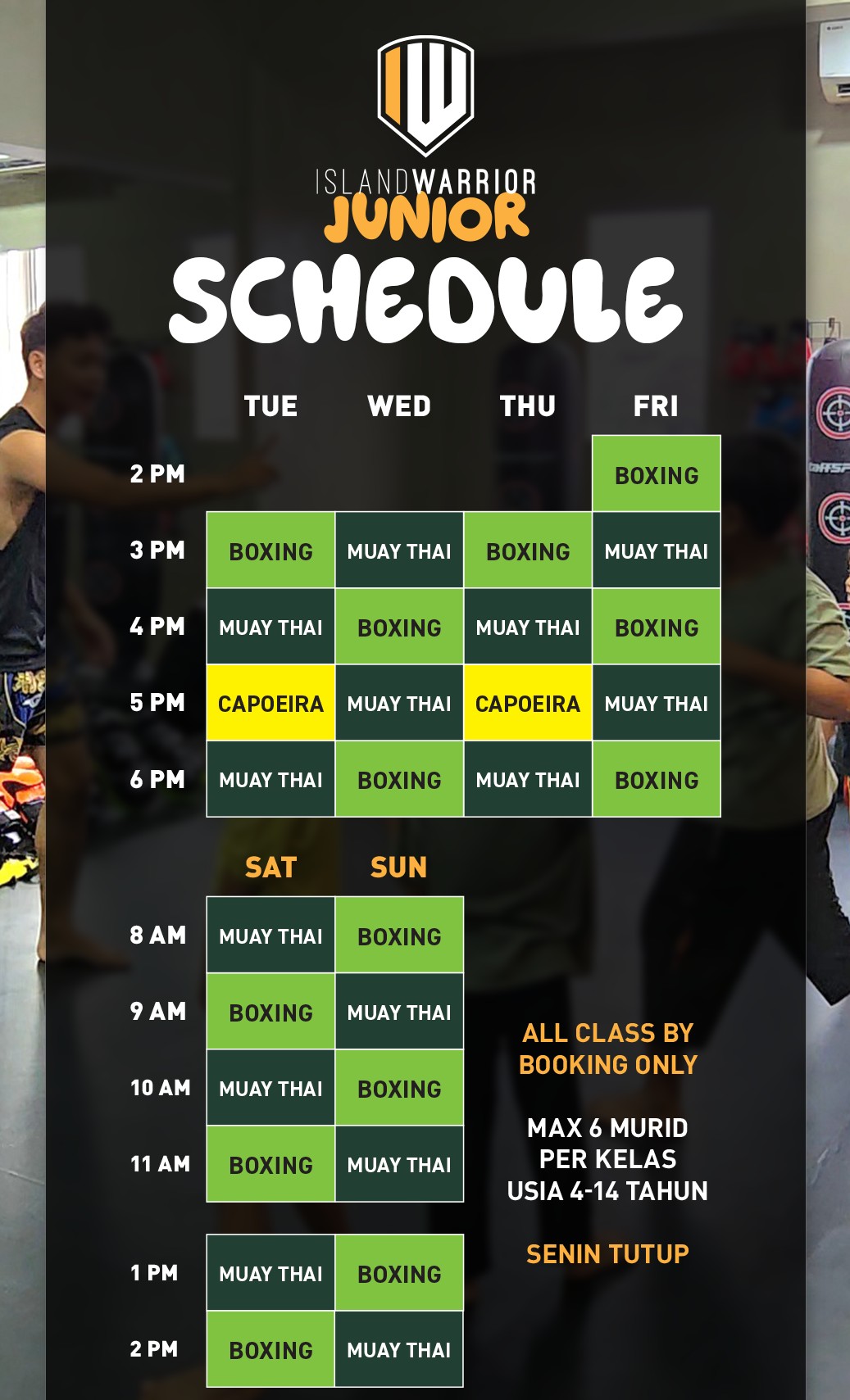 Island Warrior Junior weekly class schedule grid for Gatsu, Tuesday to Sunday