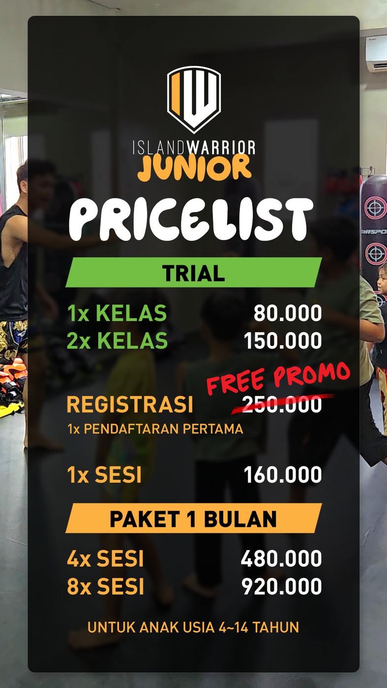 Island Warrior Junior Gatsu pricelist: trial classes from 80,000, registration promo and monthly session packages for children aged 4 to 14