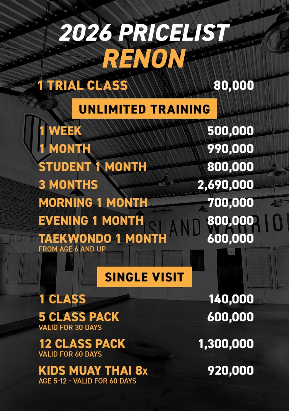 Island Warrior Bali Renon 2026 pricelist: trial class 80,000, unlimited training from 500,000 per week, single visit packs and kids Muay Thai
