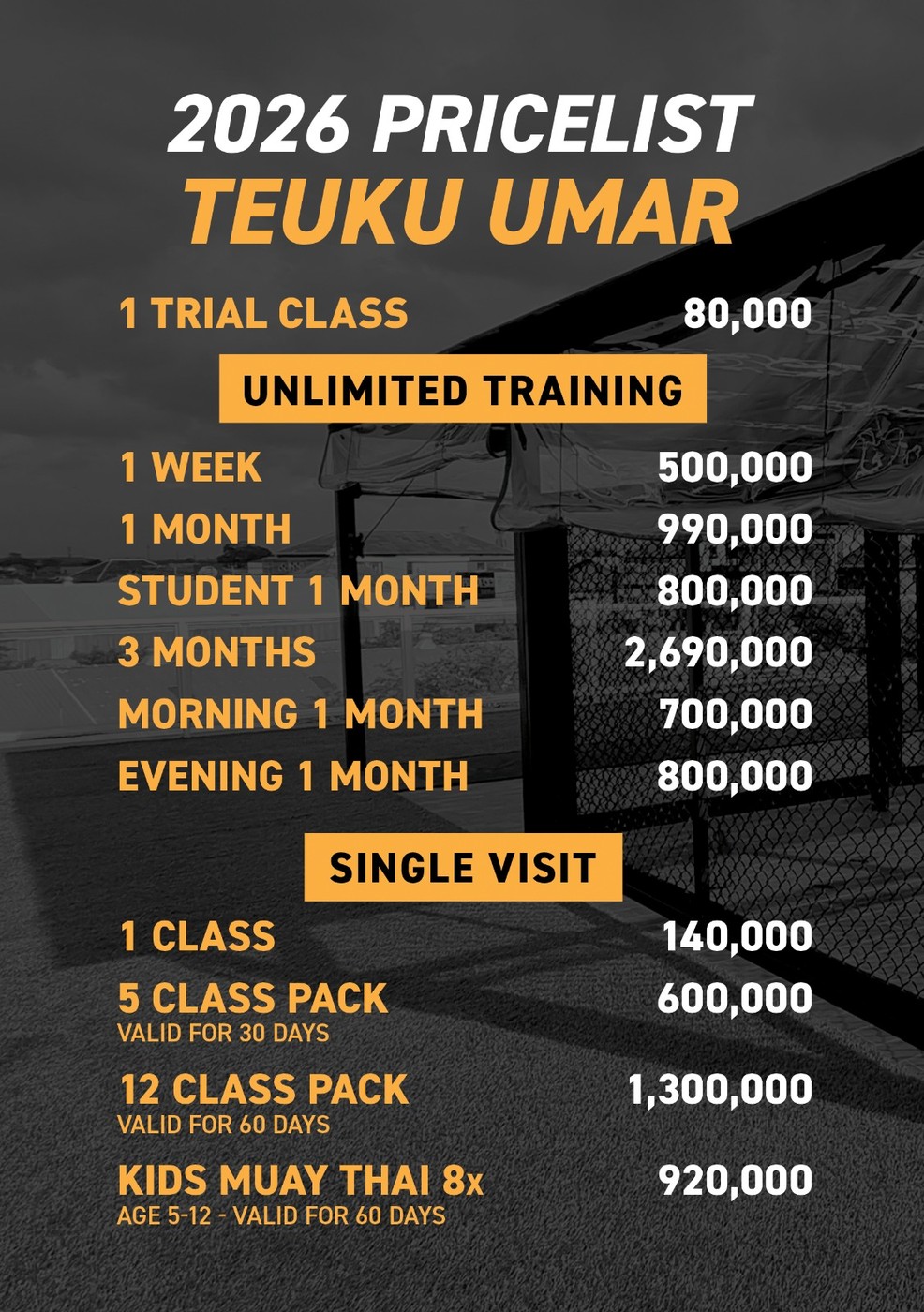 Island Warrior Bali Teuku Umar 2026 pricelist: trial class 80,000, unlimited training from 500,000 per week and single visit class packs